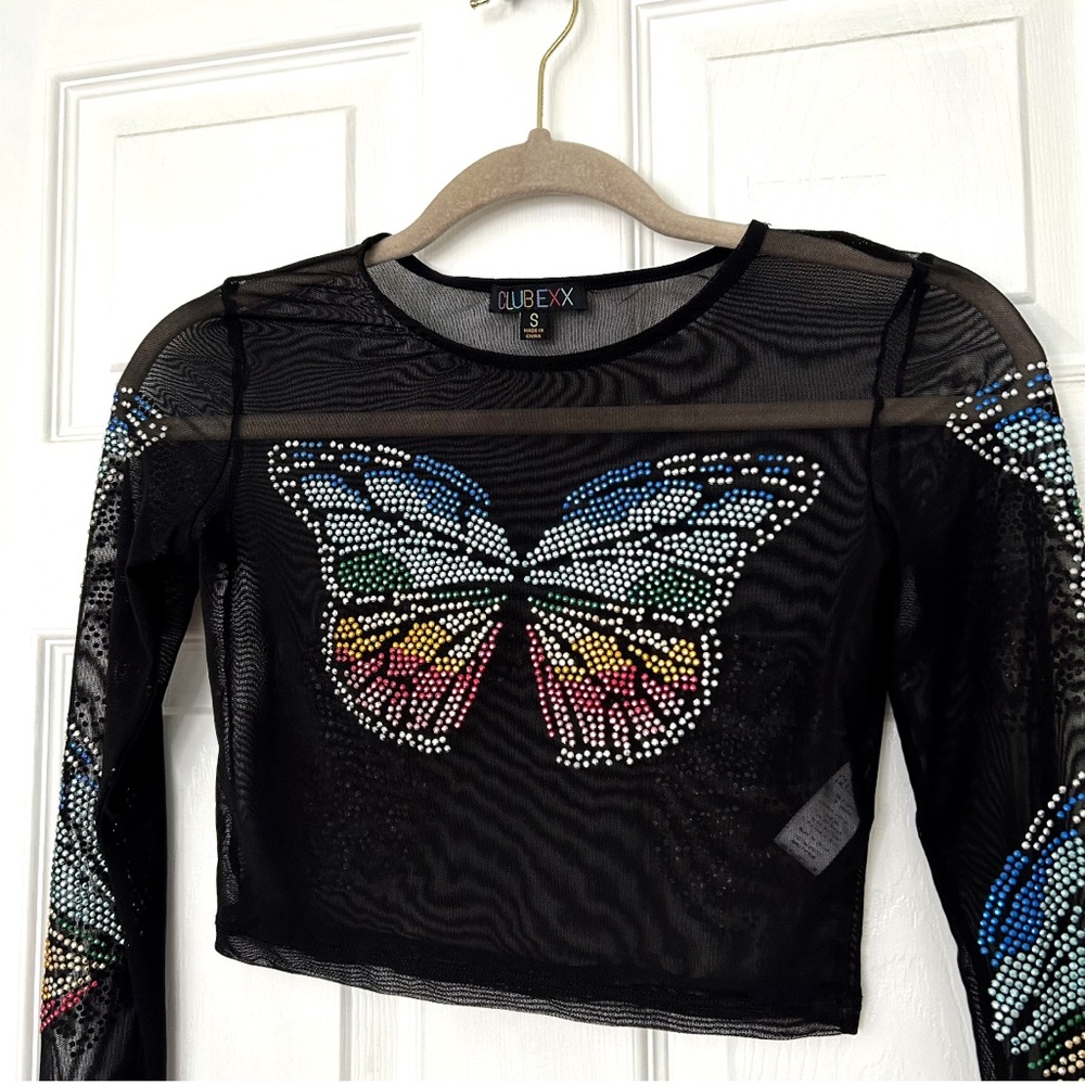 Club Exx Mesh Rhinestone Butterfly Top - Picture 2 of 8